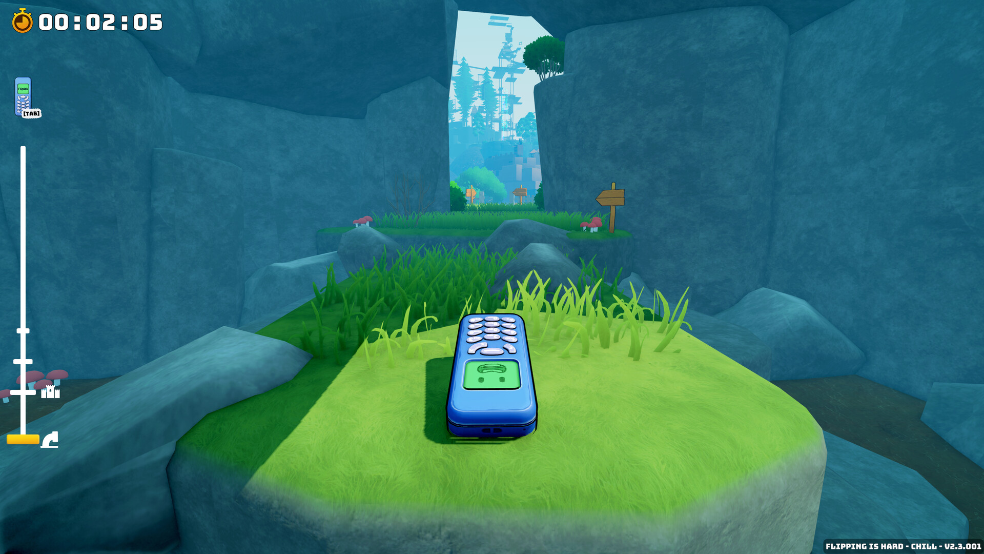 A blue brick phone on a grassy ledge inside a rocky opening, with a timer at 00:02:05 and a Tab prompt on the left.