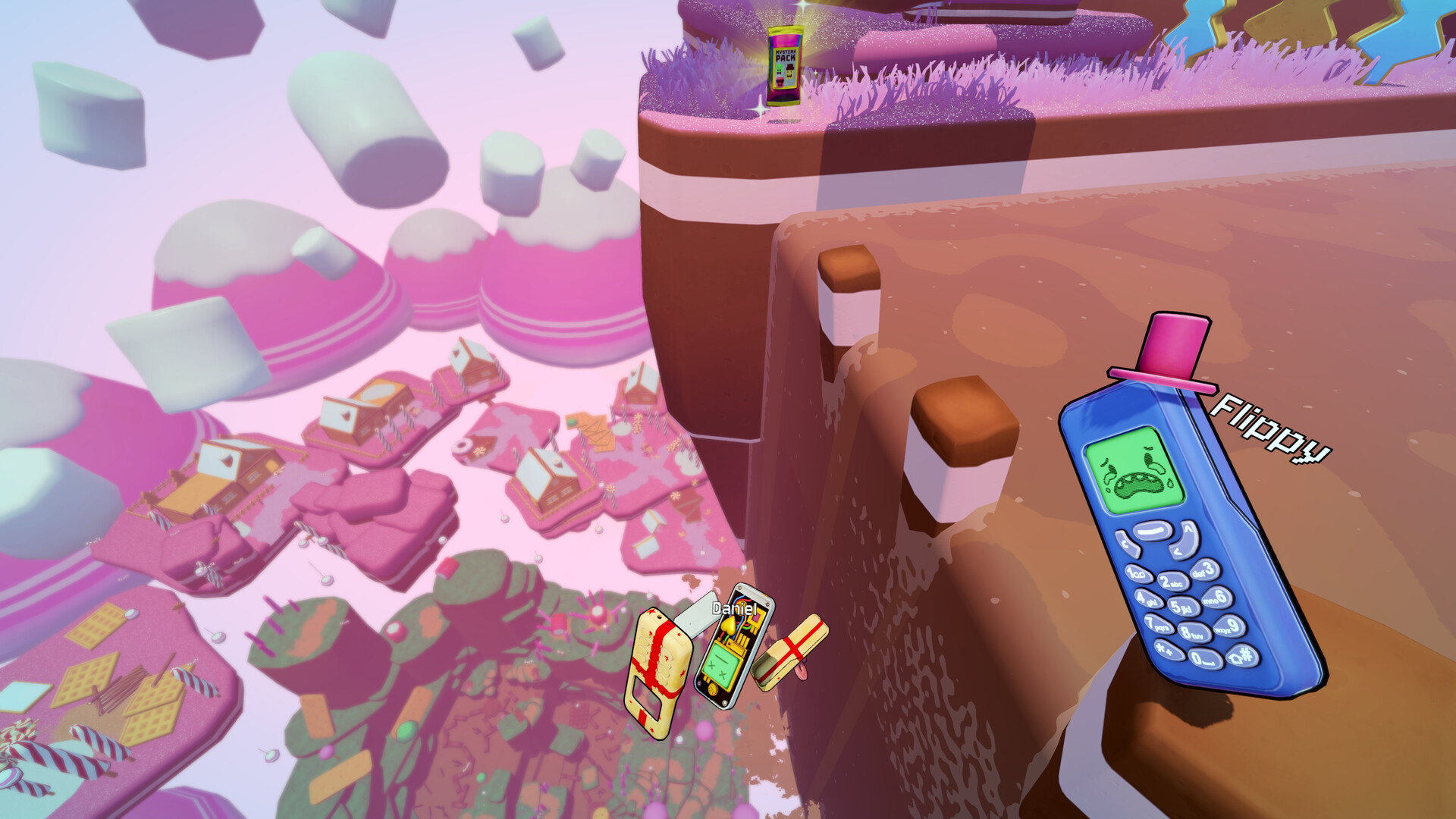 A blue phone wearing a small hat on a chocolate-colored cliff above a pink candy landscape and tiny gingerbread houses.