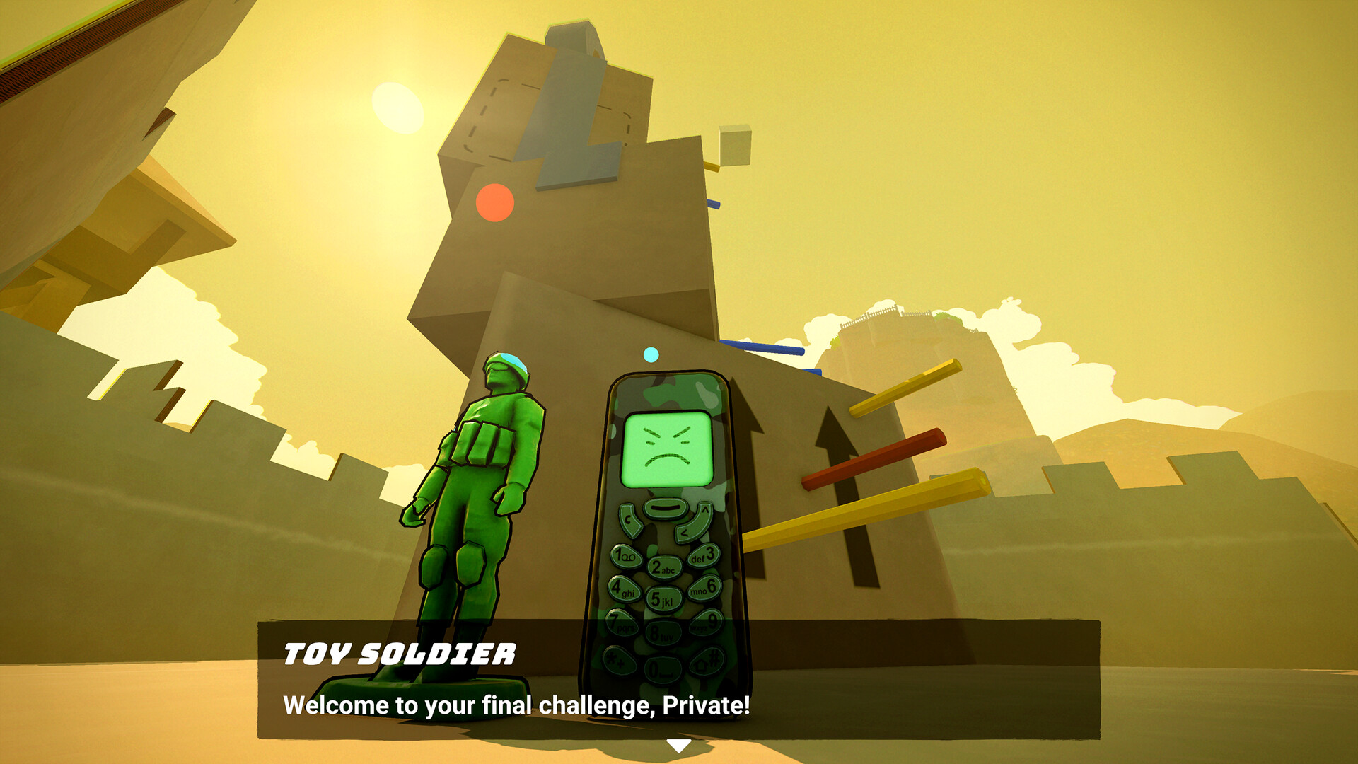 A green toy soldier stands beside a camouflage phone. Dialogue reads: Toy Soldier, Welcome to your final challenge, Private!