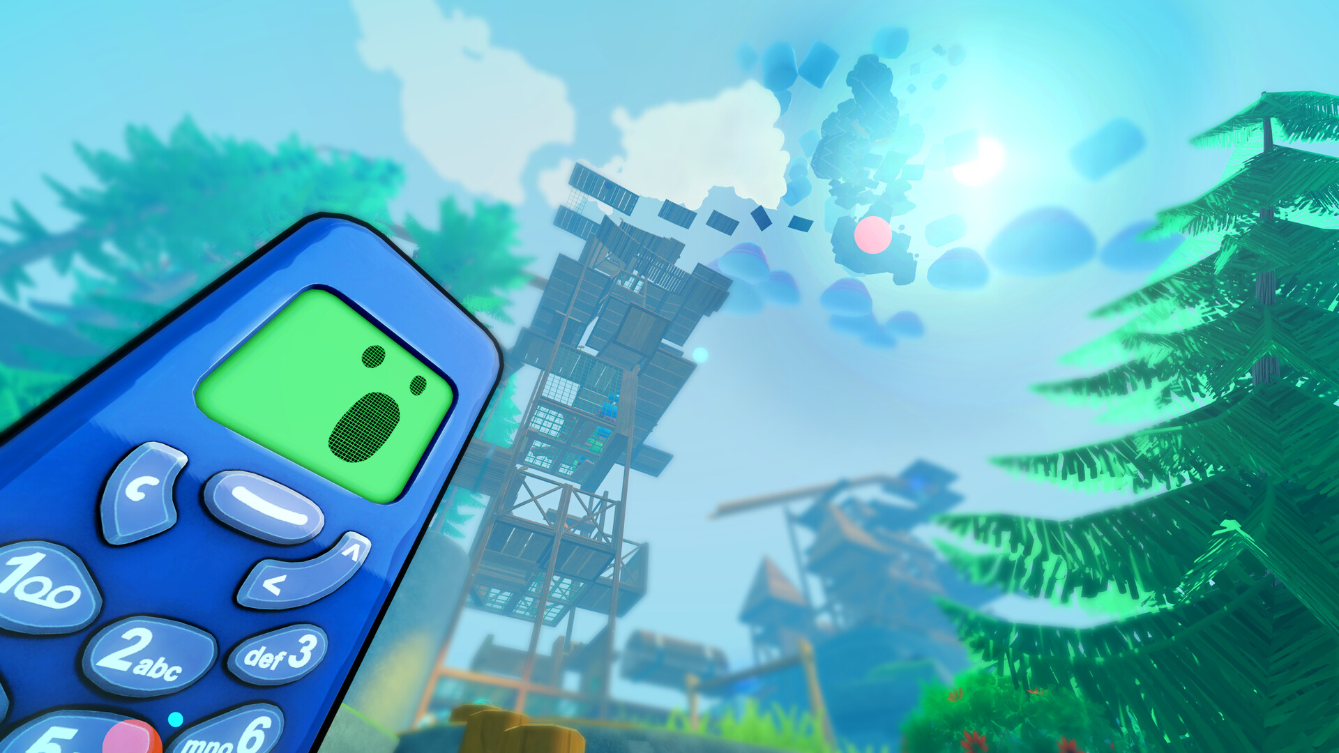 Close view of a blue brick phone looking up at a tall wooden scaffold and bright sky.